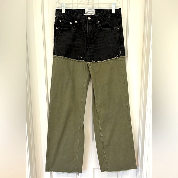 ZARA Women Premium Denim Collection City Worker Black & Green Frayed Hems Pants - Picture 14 of 15